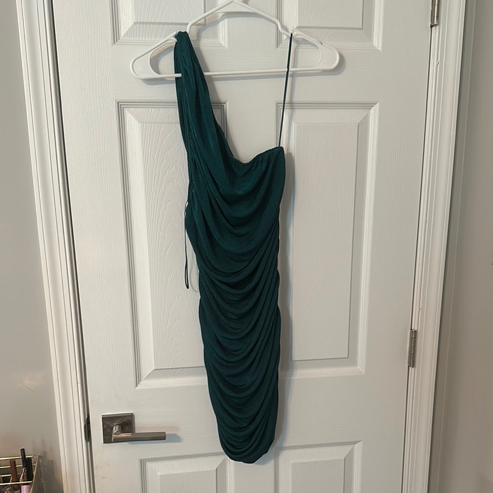 Lioness Green Asymmetrical Ruched Bodycon Dress